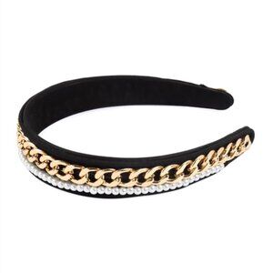 J. ELISE BOUTIQUE NEW TRENDY VELVET Black Gold Chain Pearl Fashion Headband